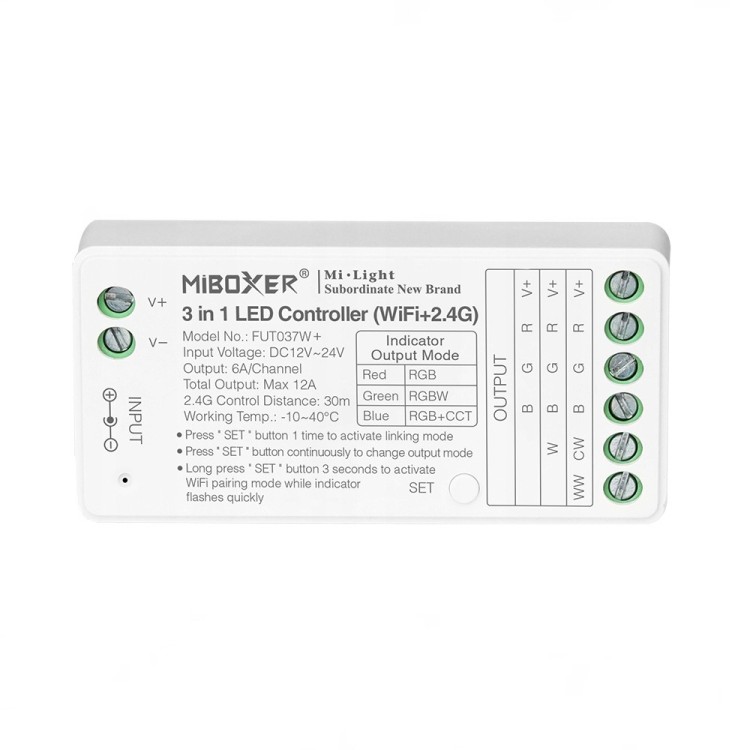 MiBoxer FUT037W+ Sterownik LED RGBW 12–24V DC 2.4GHz 1-strefowy MiBoxer FUT037W+ Sterownik LED RGBW 12–24V DC 2.4GHz 1-strefowy