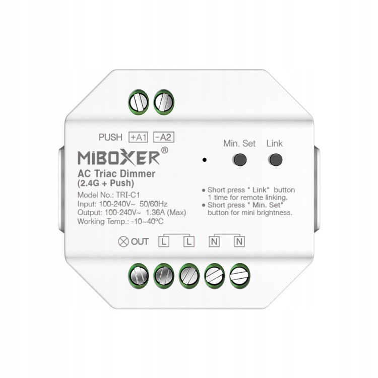 MiBoxer TRI-C1 Ściemniacz Dimmer AC 100-240V 2.4GHz RF Push 0-100% 150/300W
