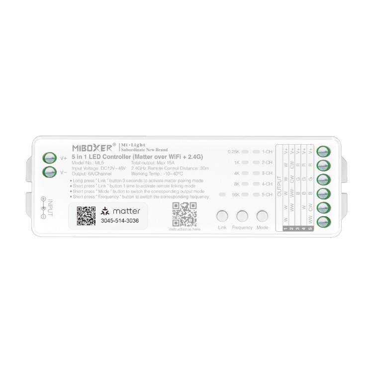 MiBoxer ML5 Kontroler LED 5w1 Matter Over WiFi + 2.4GHz RF RGB+CCT, Tuya