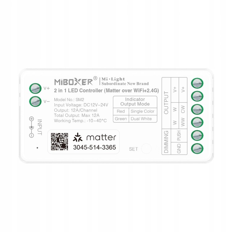 MiBoxer SM2 2w1 Sterownik taśm LED Matter over WiFi 2.4GHz Mono CCT