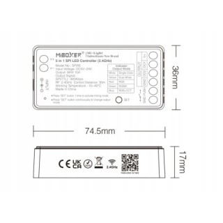 MiBoxer SPIR5 Sterownik cyfrowy SPI LED 5w1 2.4GHz RGB RGBW RGB+CCT DC5-24V