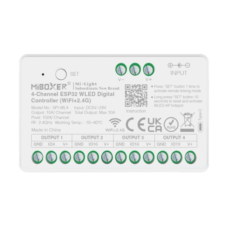 MiBoxer SPI-WL4 sterownik 4-kanałów cyfrowych taśm LED SPI ESP32 WiFi 2.4G