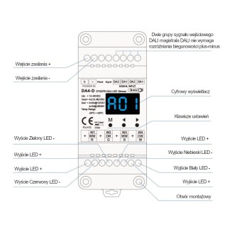 SkyDance DA4-D 4-kanałowy dimmer DALI CV 12–48V DC (DIN Rail, DT6 / DT8)