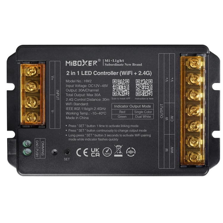 MiBoxer HW2 sterownik LED 2w1 mono/CCT WiFi+2,4GHz high current 30A 12-48V