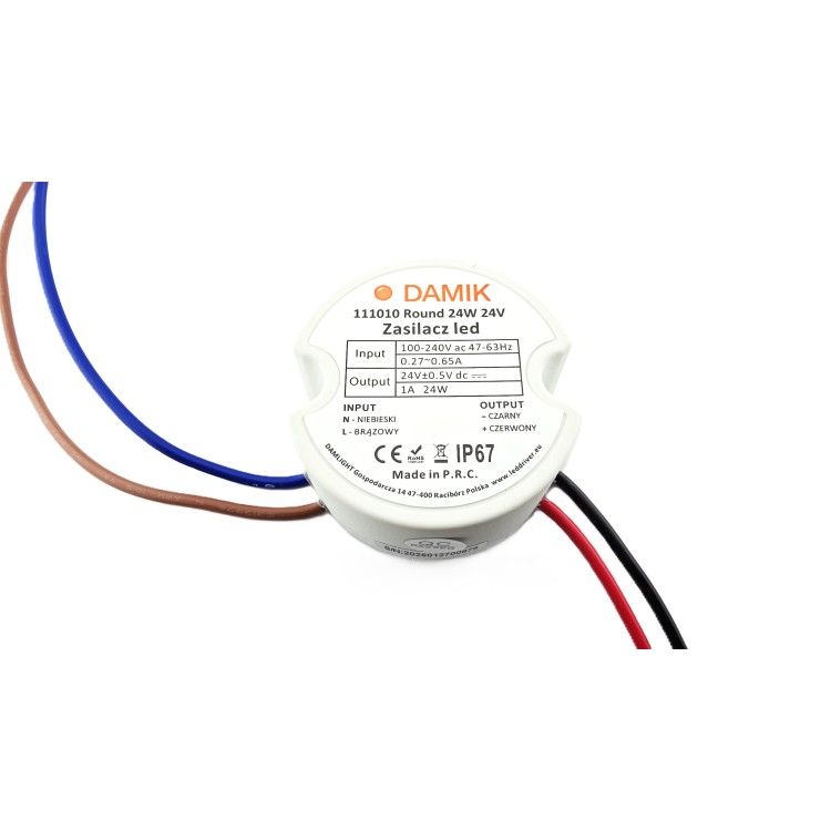 Zasilacz do taśm LED DAMIK 24V 24W dopuszkowy 1A okrągły IP67 Round 24-24