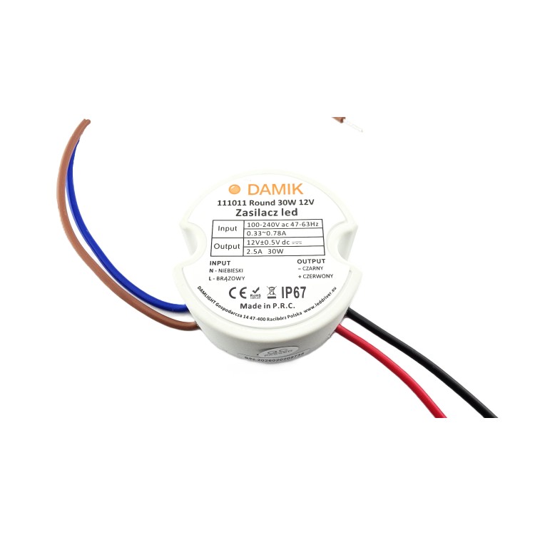 Zasilacz do taśm LED DAMIK 12V 30W dopuszkowy 2,5A okrągły IP67 Round 30-12