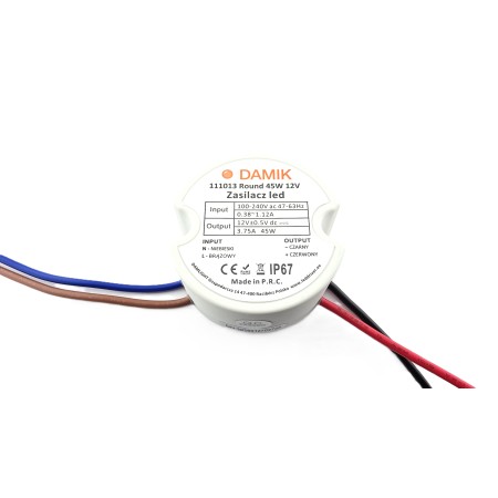 Zasilacz do taśm LED DAMIK 12V 45W dopuszkowy 3,7A okrągły IP67 Round 45-12