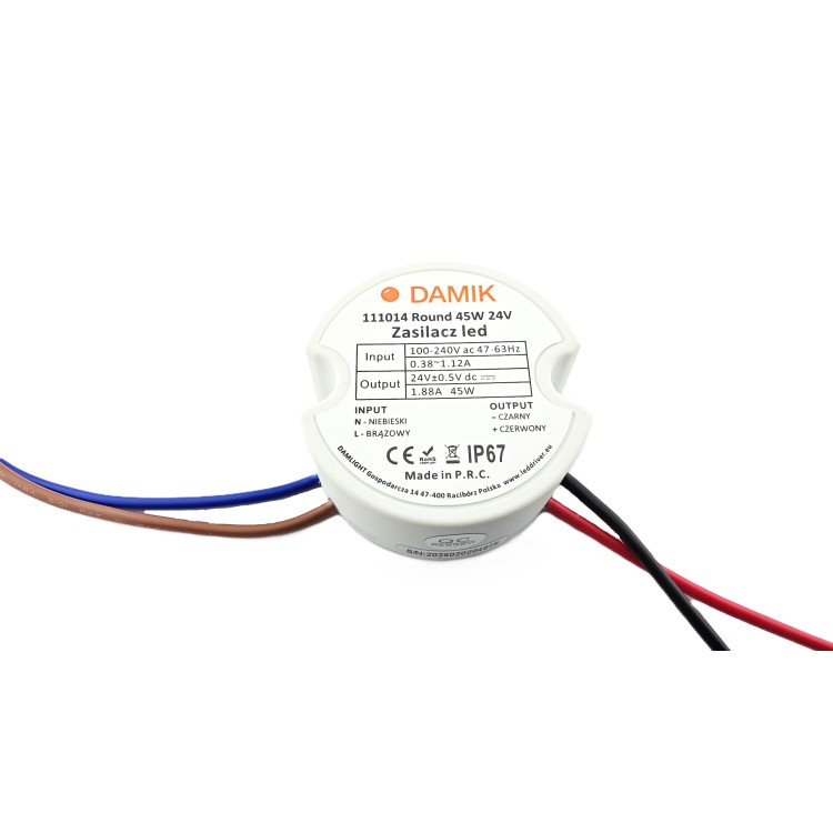 Zasilacz do taśm LED DAMIK 24V 45W dopuszkowy 1,9A okrągły IP67 Round 45-24