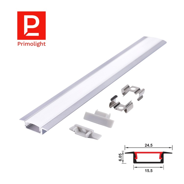 PrimoLight Recessed Aluminum Profile 15x6mm Silver Milky Shade 2m