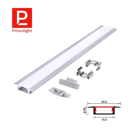 PrimoLight Recessed Aluminum Profile 15x6mm Silver Milky Shade 2m